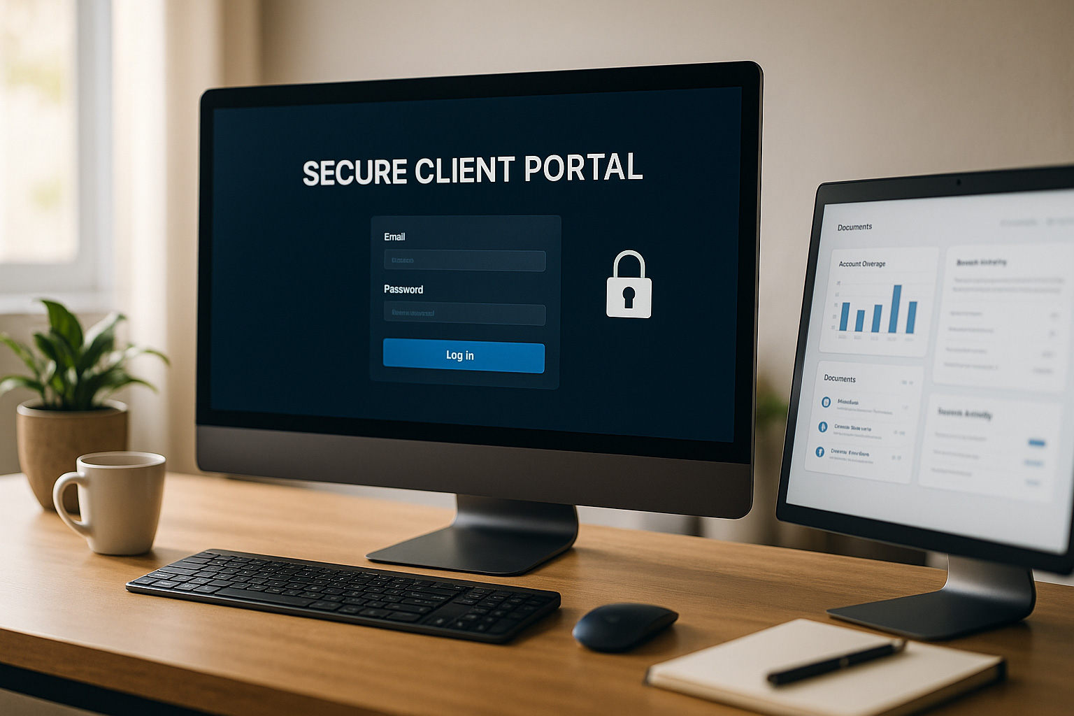 Interface d’extranet sécurisé affichée sur un bureau moderne, avec écran de connexion et tableau de bord client – création de portails clients par l’Agence EASY.