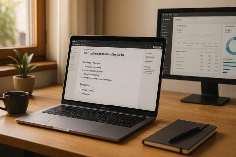 Espace de travail avec écran affichant une optimisation SEO assistée par IA, symbolisant la rédaction Web professionnelle proposée par l’Agence EASY.