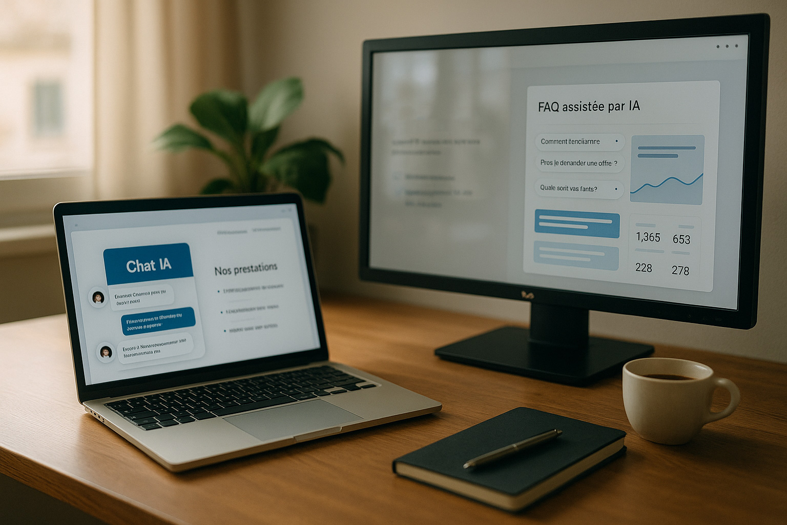 Interface d’agent IA intégré à un site Internet, avec chat automatisé et tableau de bord intelligent affichés sur un ordinateur dans un bureau moderne