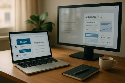 Interface d’agent IA intégré à un site Internet, avec chat automatisé et tableau de bord intelligent affichés sur un ordinateur dans un bureau moderne