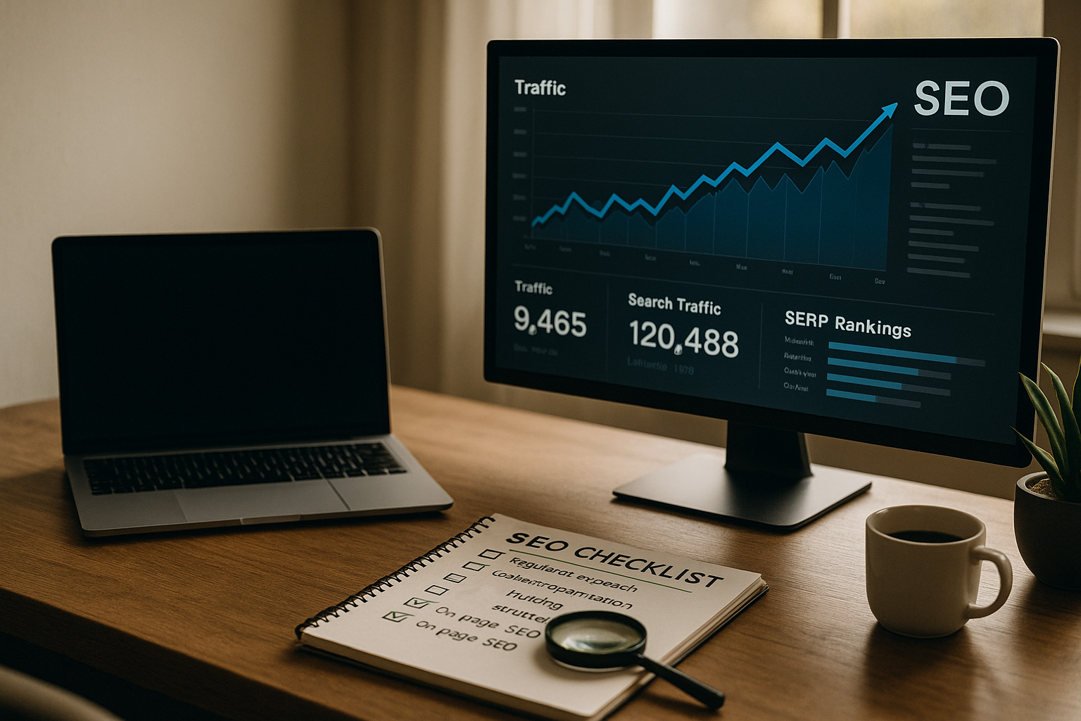 Poste de travail affichant un tableau de bord SEO avec analyse du trafic, des performances et des classements Google, illustrant la prestation de référencement naturel de l’Agence EASY.
