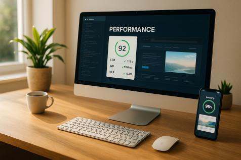 Tableau de performance affiché sur un ordinateur montrant les Core Web Vitals optimisés, illustrant l’amélioration de vitesse et de stabilité réalisée par l’Agence EASY.