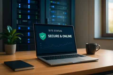 Poste de travail affichant un tableau de bord “Secure & Online” devant une baie de serveurs, illustrant l’hébergement sécurisé et la maintenance professionnelle proposée par l’Agence EASY.