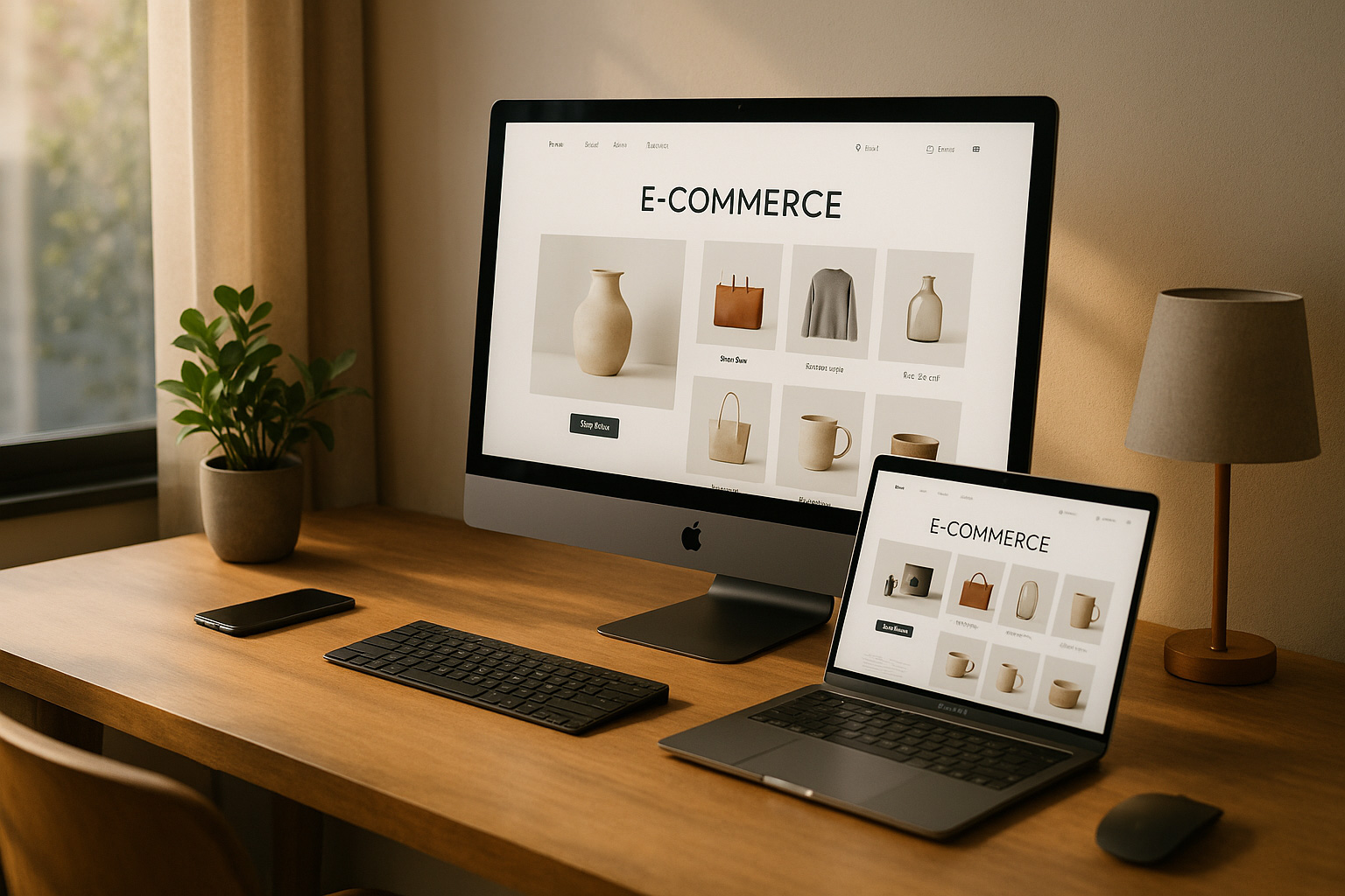 Espace de travail moderne avec écran affichant une boutique en ligne, illustrant la création de sites e-commerce performants par l’Agence EASY