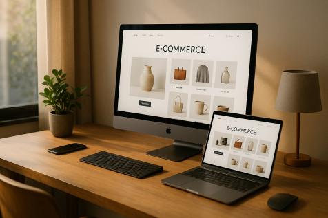 Espace de travail moderne avec écran affichant une boutique en ligne, illustrant la création de sites e-commerce performants par l’Agence EASY