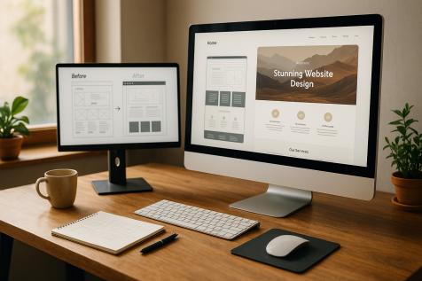 Espace de travail moderne illustrant la refonte complète d’un site Internet, avec un écran affichant une interface web redesignée et un bureau lumineux au style professionnel.