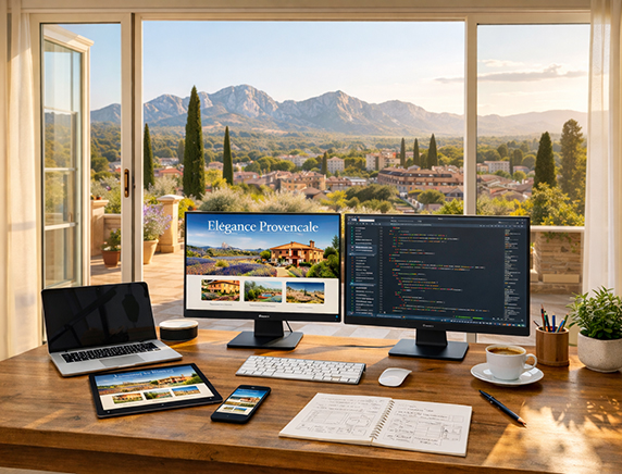 Agence web Saint-Rémy-de-Provence : bureau avec vue Alpilles, écrans montrant site responsive et code développement