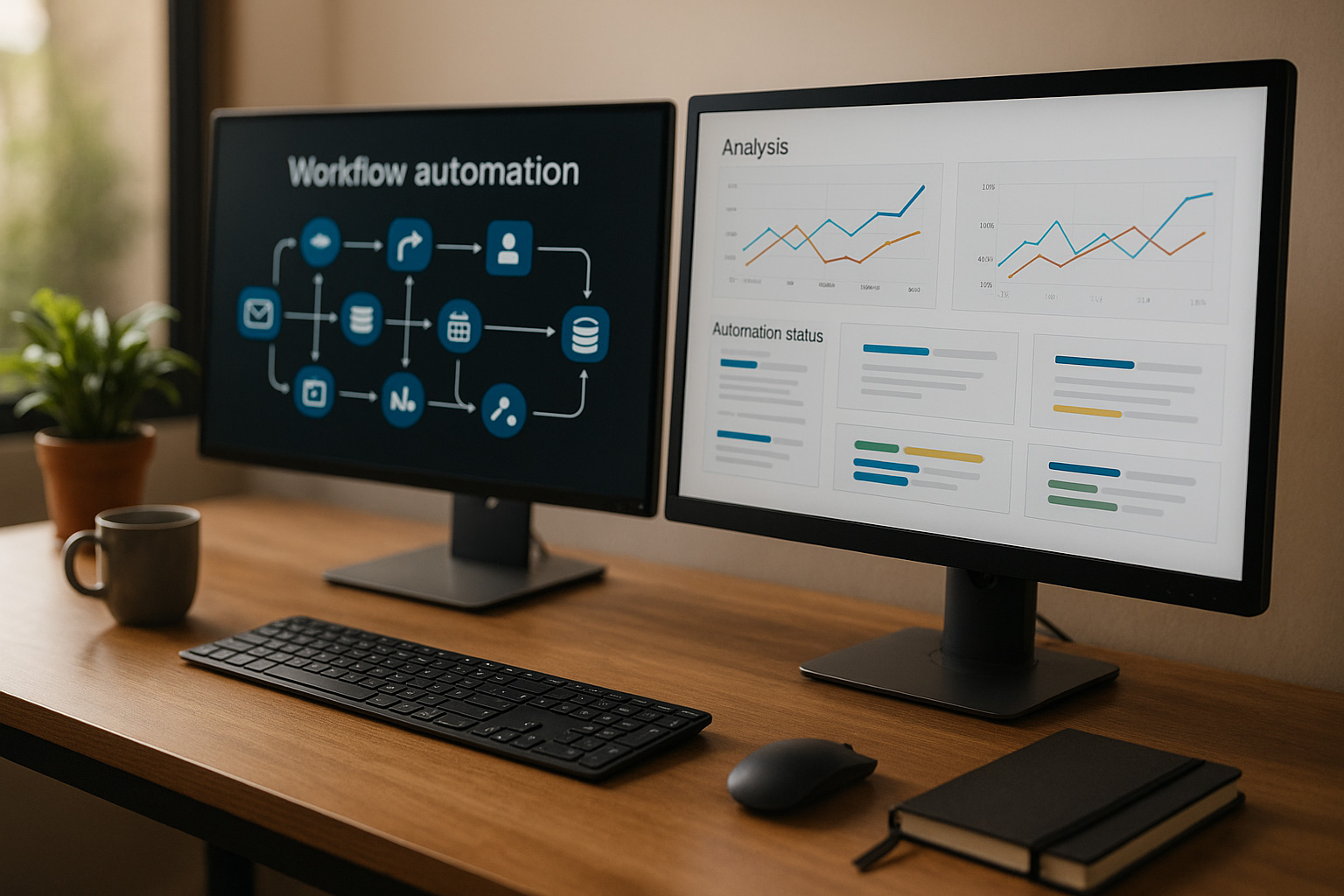 Automatisations IA et workflows digitaux – Optimisation des processus avec l’Agence EASY Espace de travail moderne affichant des automatisations IA et des workflows digitaux, illustrant l’optimisation des processus proposée par l’Agence EASY