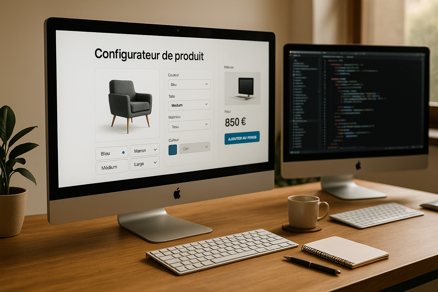 Configurateur de produit sur mesure – Développement de fonctionnalités avancées par l’Agence EASY Interface ultra réaliste d’un configurateur de produit affiché sur un iMac, illustrant le développement de fonctionnalités avancées et configurateurs sur mesure par l’Agence EASY.