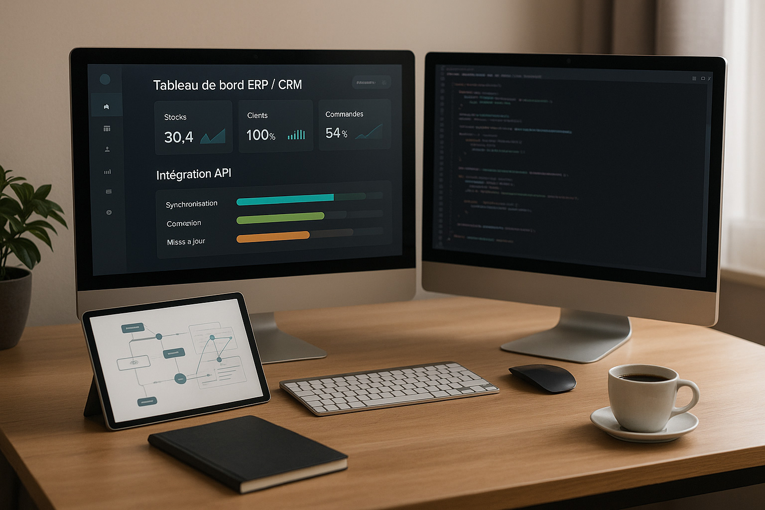 Connecteurs API et interfaçage — Synchronisation entre site Internet et outils métier Workspace montrant la création de connecteurs API et l’interfaçage entre un site Internet et des outils métier, réalisé par l’Agence EASY.