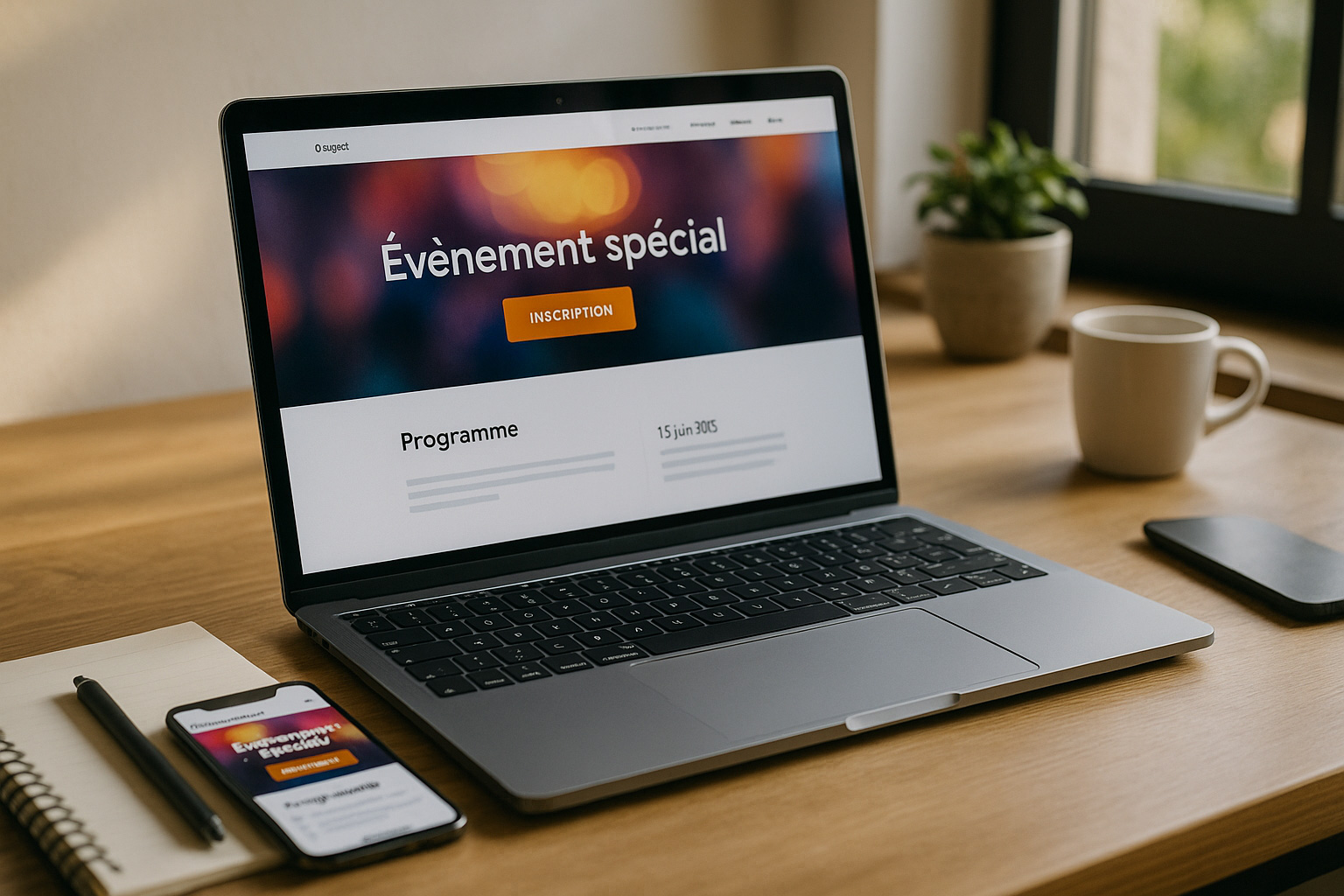 Création de mini-sites événementiels – Agence EASY Espace de travail moderne affichant une maquette ultra réaliste d’un mini-site événementiel, illustrant la création de mini-sites et sites dédiés proposée par l’Agence EASY