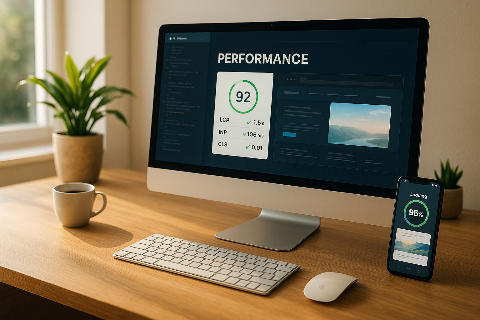 Optimisation performance et Core Web Vitals – Agence EASY Tableau de performance affiché sur un ordinateur montrant les Core Web Vitals optimisés, illustrant l’amélioration de vitesse et de stabilité réalisée par l’Agence EASY.