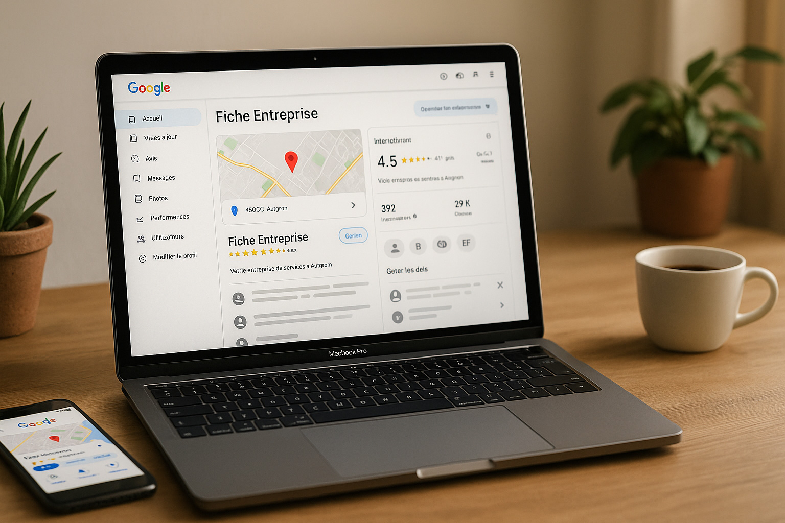 Optimisation Google Business Profile et SEO local par l’Agence EASY Interface Google Business Profile affichée sur un ordinateur portable, illustrant l’optimisation locale et la stratégie SEO proposée par l’Agence EASY.
