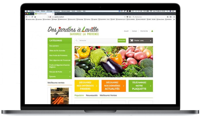 Visuel du site Des Jardins à Laville présenté sur un ordinateur portable Apple, boutique en ligne de fruits et légumes