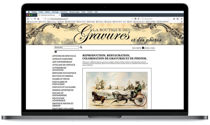Aperçu du site de La Boutique des Gravures dans un ordinateur portable Apple – boutique en ligne dédiée aux gravures et documents anciens