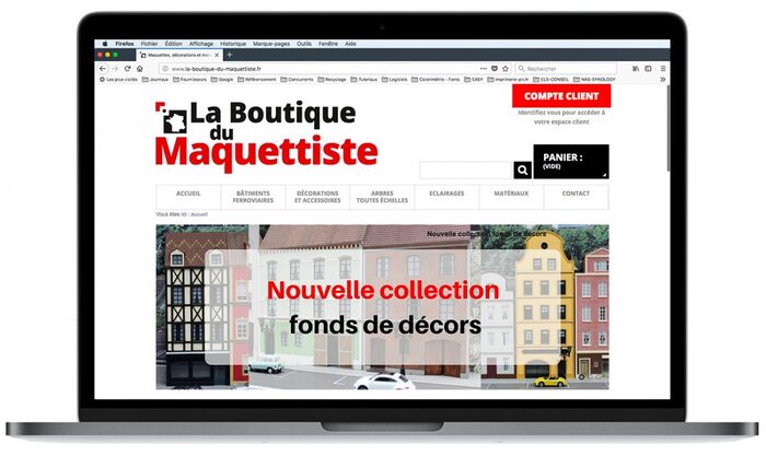 Aperçu du site La Boutique du Maquettiste sur un ordinateur portable Apple – boutique en ligne spécialisée dans les maquettes et modèles réduits