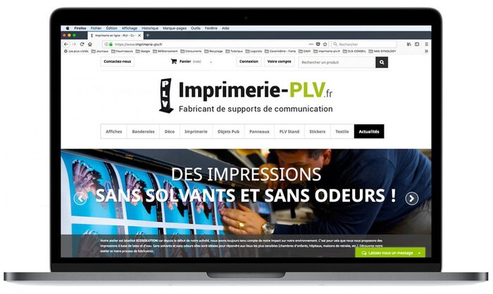 Aperçu du site imprimerie-plv.fr dans un écran d’ordinateur portable Apple – création de la première boutique en ligne de l’Agence Easy