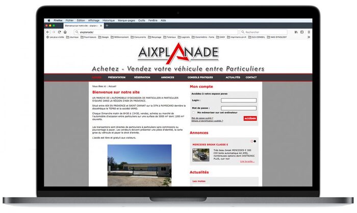 Montage de la page d’accueil Aixplanade dans un ordinateur portable – site Internet marché auto Puyricard