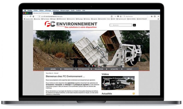 Aperçu de la page d’accueil du site FC Environnement affichée sur un ordinateur portable Apple