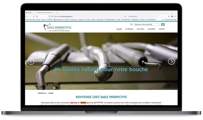 Montage de la page d’accueil du site Smile Perspective sur un ordinateur portable Apple, présentant le cabinet dentaire et les prestations de soins