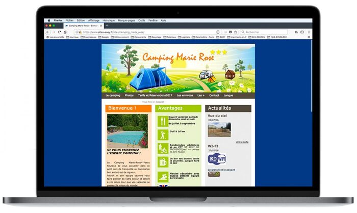 Aperçu du site Internet Camping Marie-Rose dans un ordinateur portable – présentation des hébergements et services