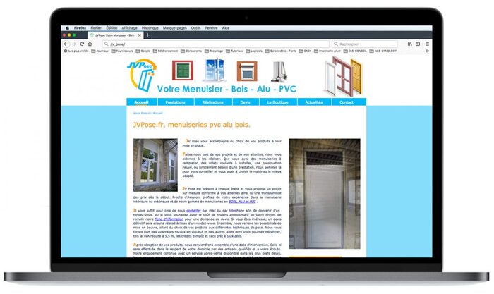 Mockup ultra-réaliste du site JV Pose affiché sur un ordinateur portable Apple